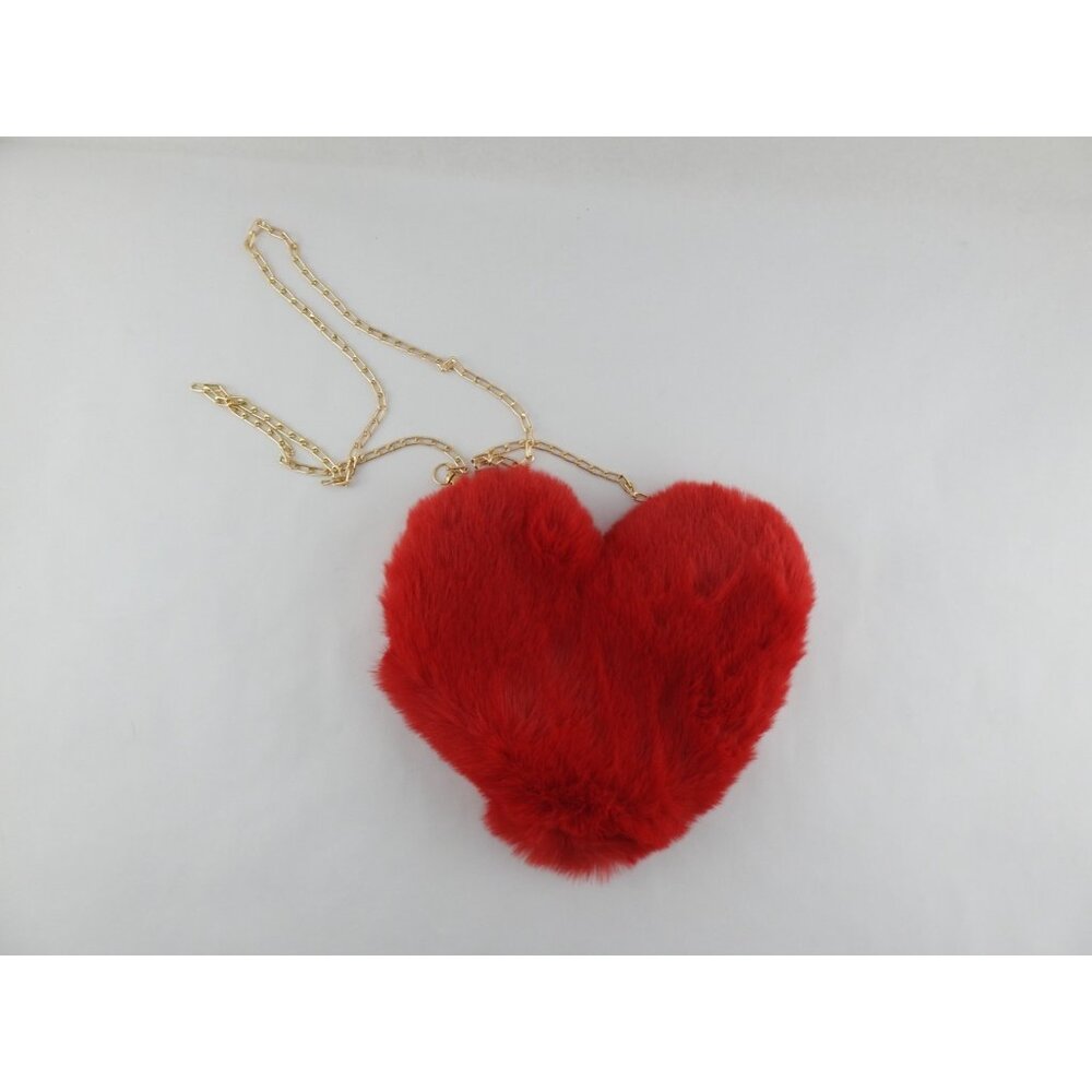 Red Faux Fur Heart Purse Crossbody Bag Gold Chain Zipper Closure Valentines - Picture 4 of 4